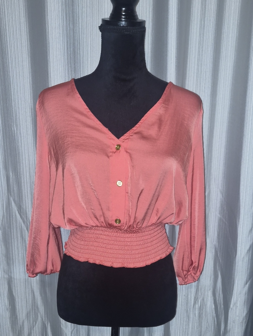 Women's V-Neck Smocked Waist Blouse - Coral Pink